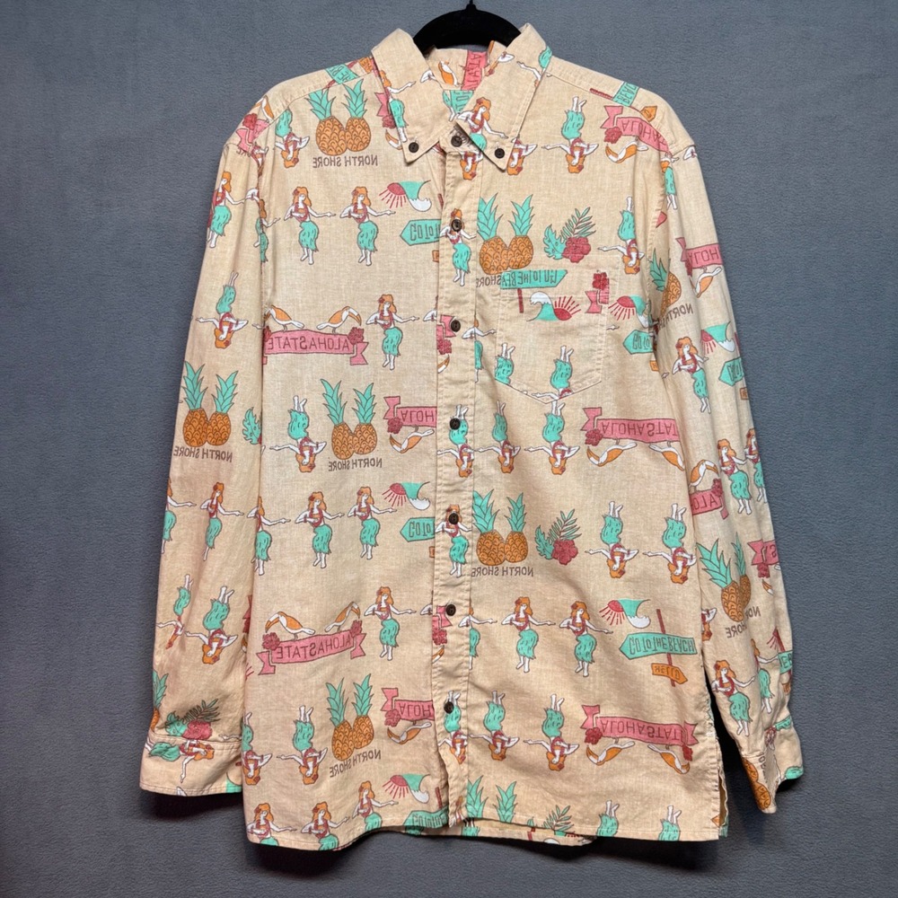 Hawaiian Style Local Motion Button Down Shirt Hula Girl Pineapple‎ Aloha L Tan